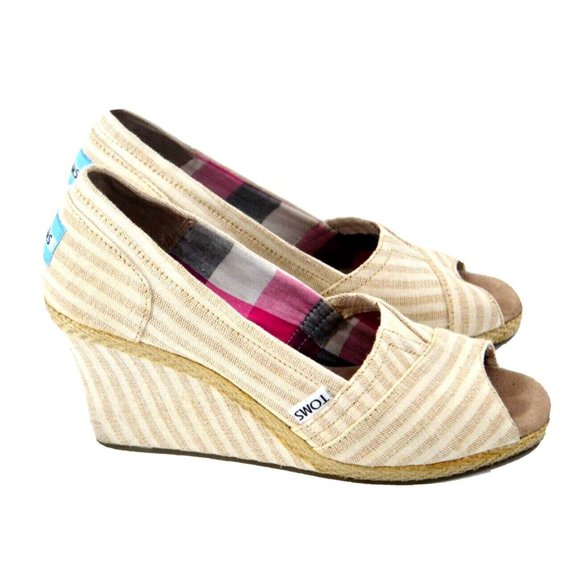 TOMS Women's Peep Toed Wedge Heels SIZE 7.5‎ Beige Striped - Picture 1 of 6